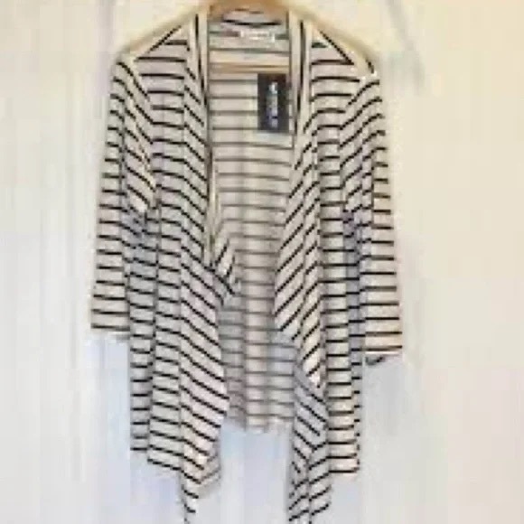 Doubleju | 3/4 Sleeve Striped Nautical Cardigan Sweater Plus Size - Picture 6 of 7